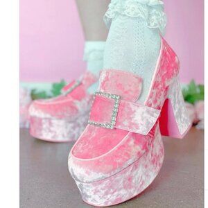 YRU Deelite Qrystal pink velvet oxford platforms